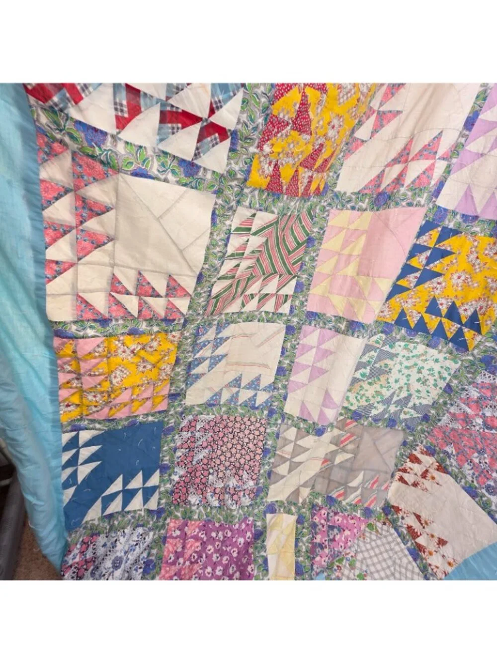 Vintage Handmade Patchwork Quilt Queen Jacobs Ladder Blue 82